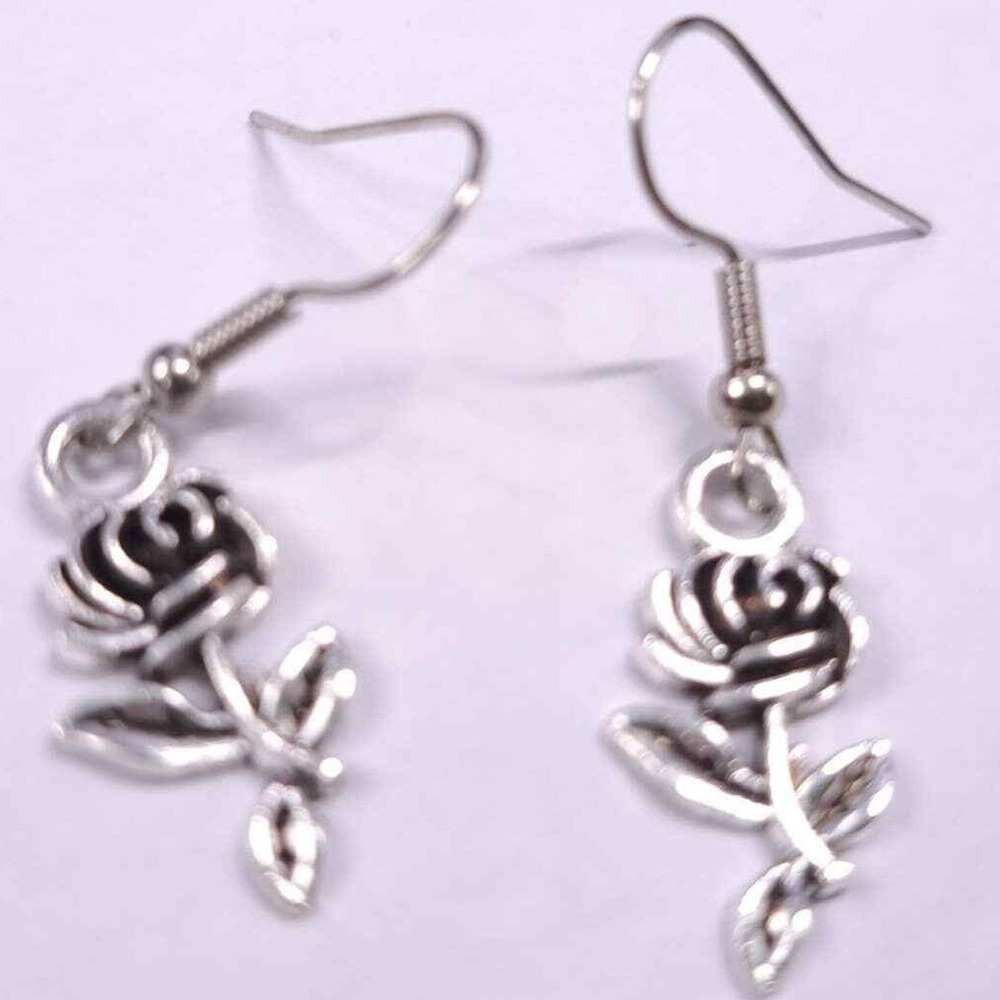 New Silver Tone Rose Flowers Dangle Earrings Floral Nature Hooks Pierced Dangle